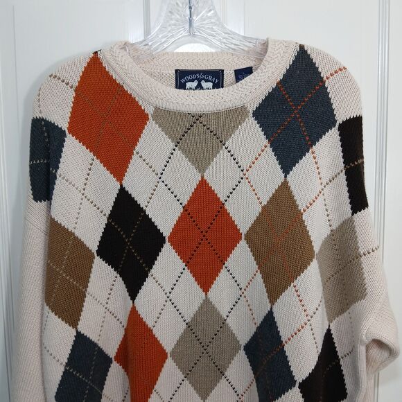 Vintage Woods & Gray Argyle Sweater Men's L Beige Orange Brown Size L Preppy - Picture 3 of 14